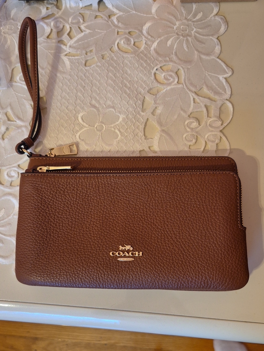 Coach Pebbled Leather Wristlet in Chestnut Brown with Gold Hardware